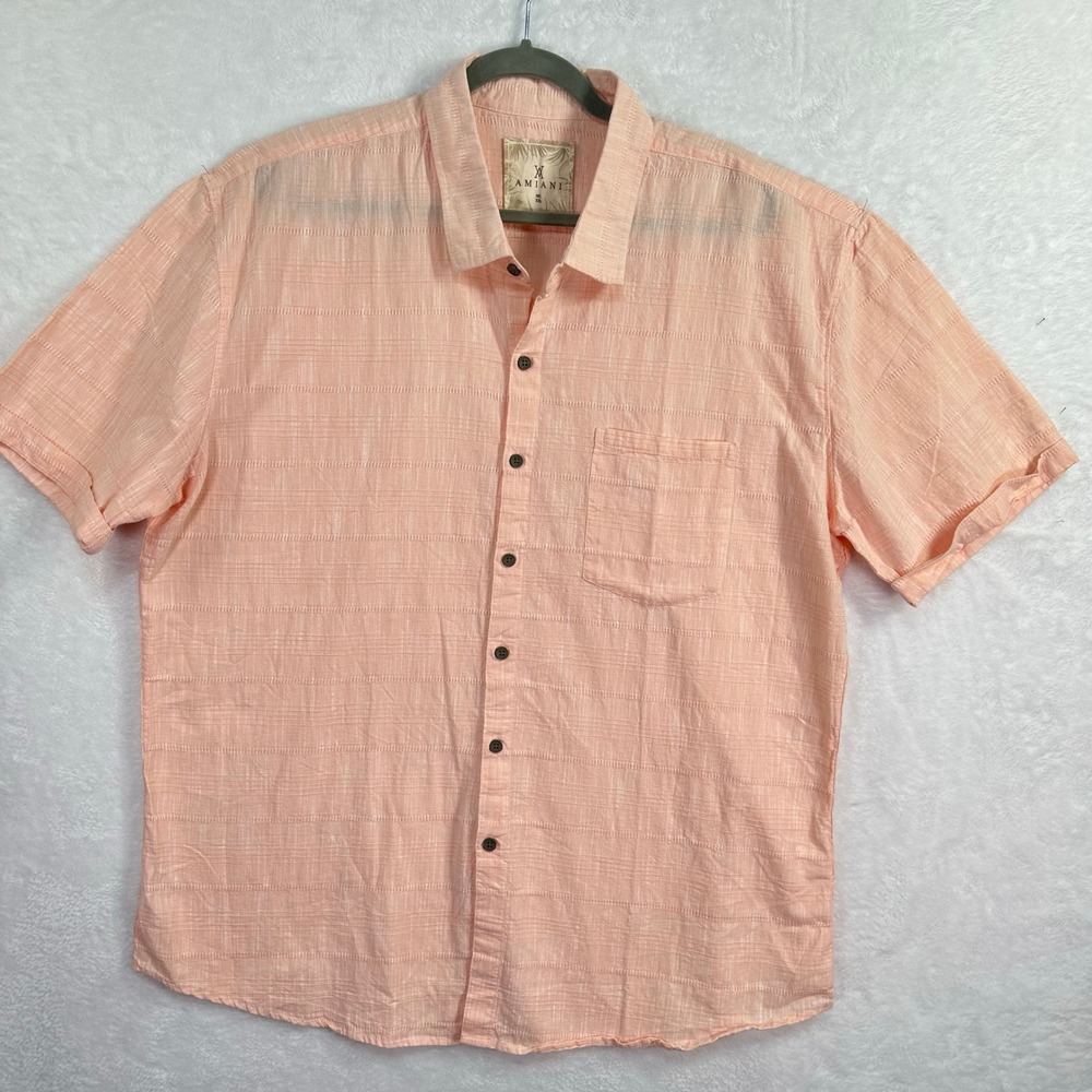 Amiani Button Up Shirt Mens XXL Peach Short Sleeve 100% Cotton Textured Casual